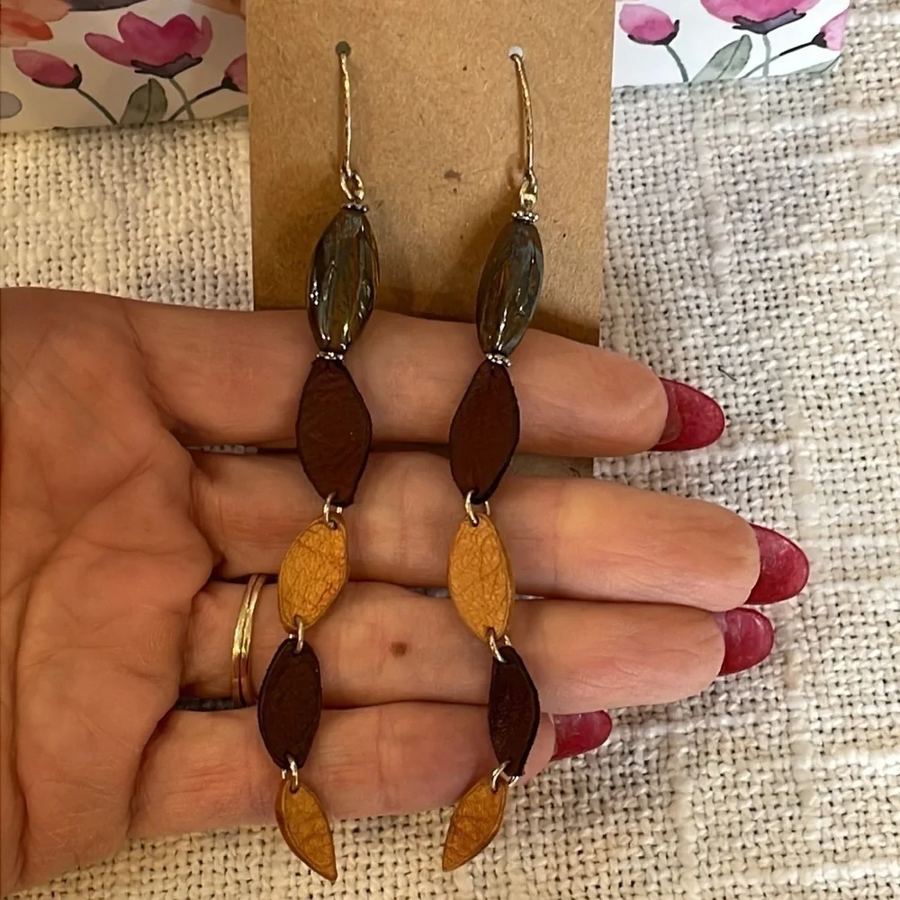 Sterling silver leather and natural stone extra long earthy neutral colors